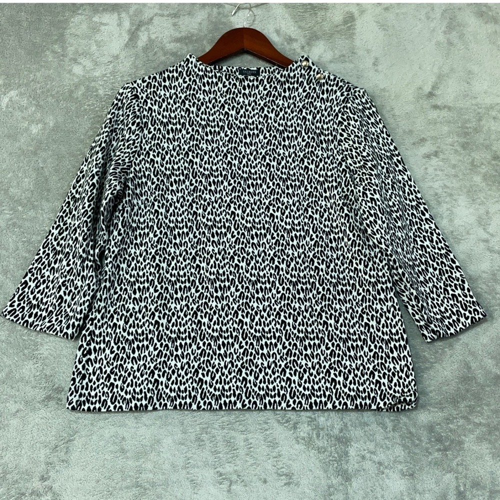 Talbots Women's LP Black White Leopard Print Mock Neck Top Cotton Blend